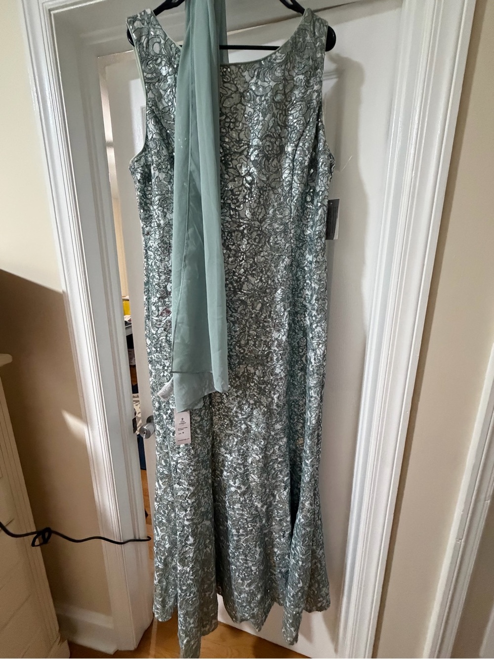 Alex Evenings Sage Green Metallic Lace Maxi Dress with Scarf